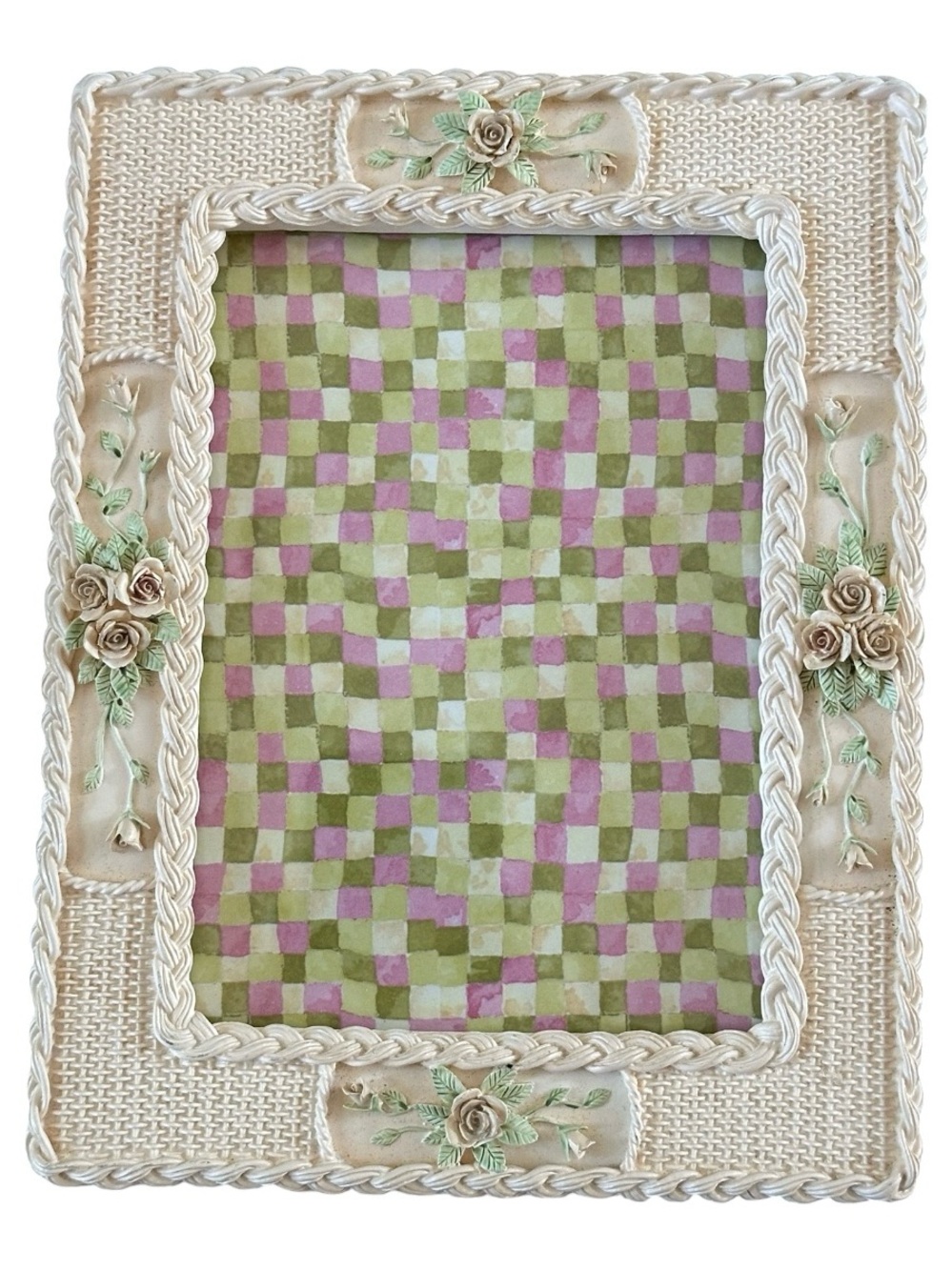 Cream Floral Embossed Picture Frame with Green and Pink Accents